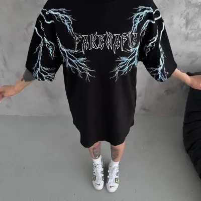 Женски Црн Oversize Бициклета Јака Молња Печатена Маица 1