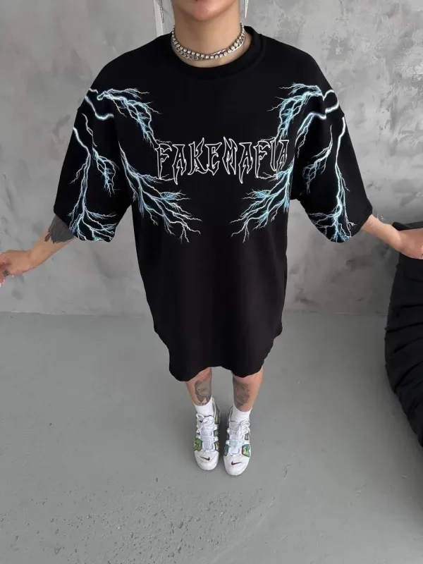 Женски Црн Oversize Бициклета Јака Молња Печатена Маица 1