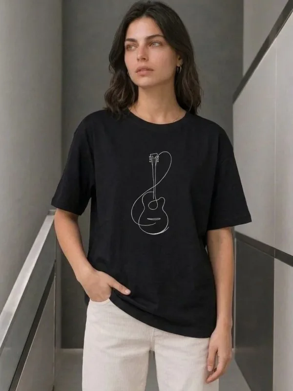 Dámske čierne bicykel výstrih minimálna gitara potlač tričko 1