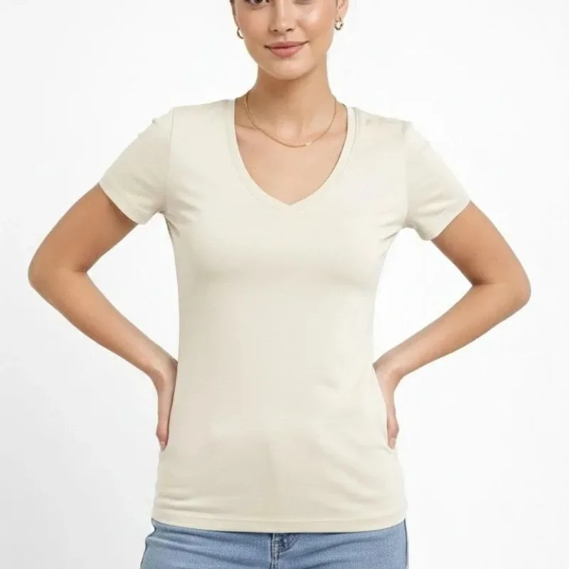 Γυναικείο Πέτρινο Slim Fit Με Ελαστάνη V Λαιμό Basic Body T-shirt