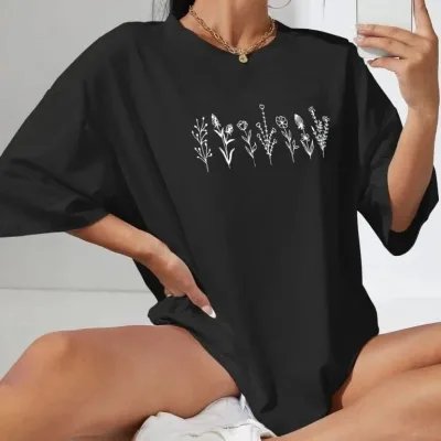Γυναικείο Μαύρο Oversize Ποδηλατόλαιμο Τυπωμένο Μπλουζάκι 1