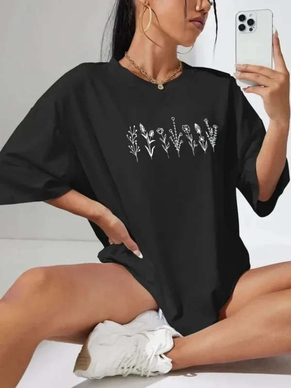 Γυναικείο Μαύρο Oversize Ποδηλατόλαιμο Τυπωμένο Μπλουζάκι 1