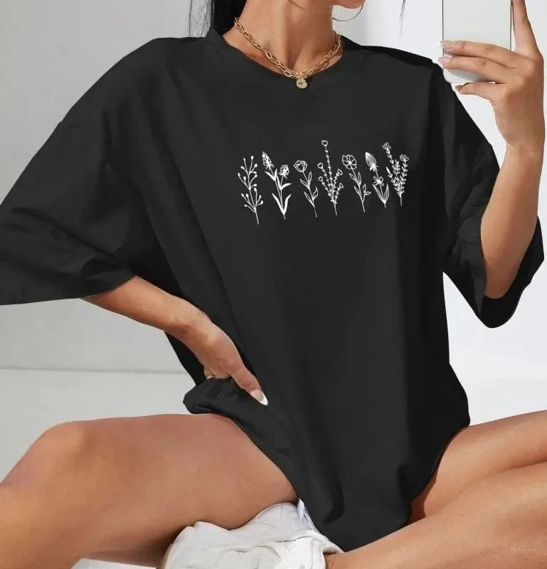 Női Fekete Oversize Kerékpárnyakú Nyomott Póló