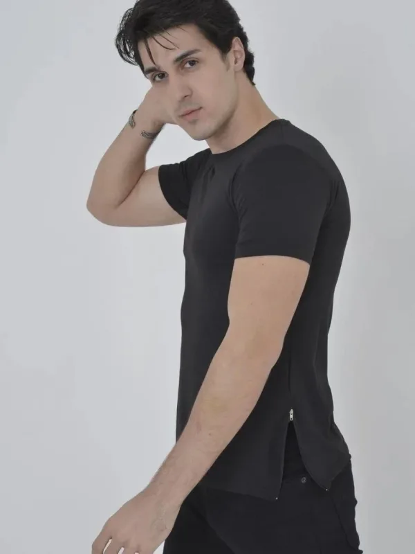Машки црн slim fit со страничен патент бициклет јака маица 1