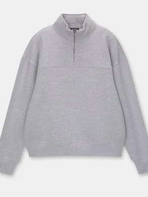 Women's Gray Oversized Half-Zip Cotton Basic Sweatshirt