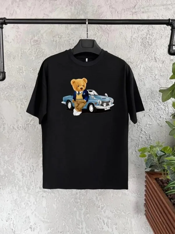 Dziecięcy czarny oversize z nadrukiem, kołnierz rowerowy T-shirt 1