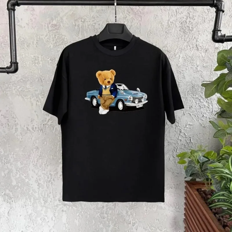 Dziecięcy czarny oversize z nadrukiem, kołnierz rowerowy T-shirt