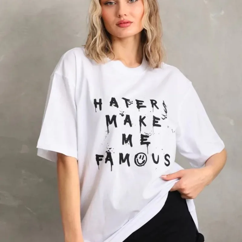 Ženski beli Oversize prednji zadnji print kratki rukav majica