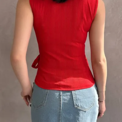 Strap Front Cross Tie Blouse Red 5