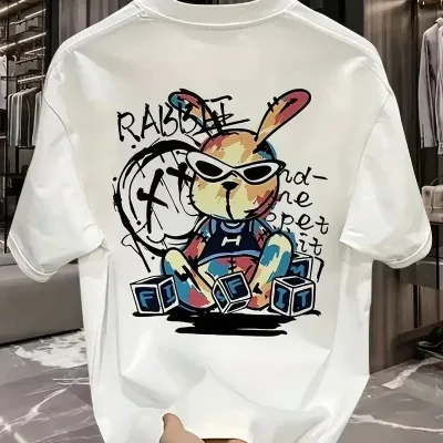 Kişi Ağ Oversize Dovşan Çapılı Qısa Qollu Köynək 1