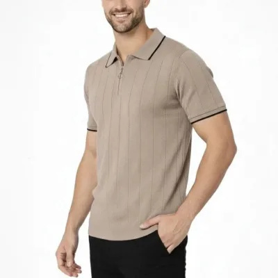 T-Shirtê Mêran ê Koma 3'yî Bi Zîp û Stûyê Polo Ji Trikoyê 2