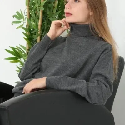Dámsky dymový úplný golier rybársky golier dlhý rukáv triko sveter 2