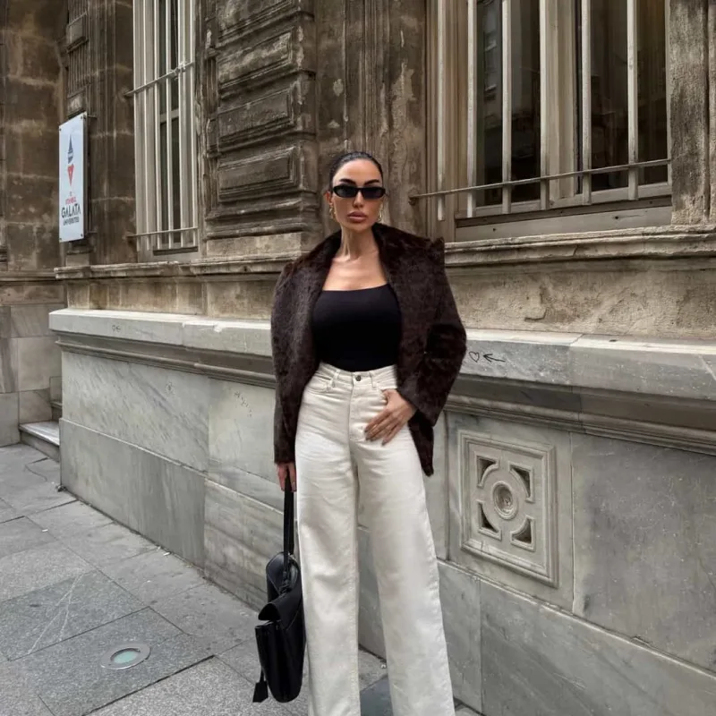 Pantaloni palazzo cu talie înaltă, crem