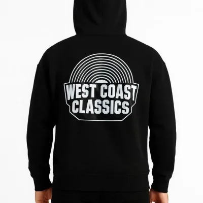 Férfi fekete 3 szálas pamut nyomott kenguru zsebes hoodie 3