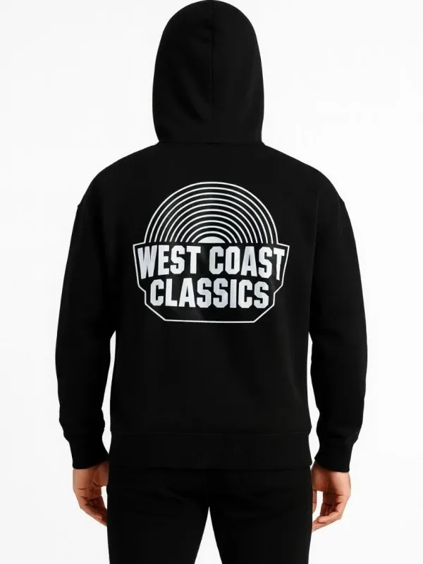 Férfi fekete 3 szálas pamut nyomott kenguru zsebes hoodie 3
