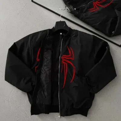 Men's Black Spider Pattern Zippered Pocket Bomber Jacket 2