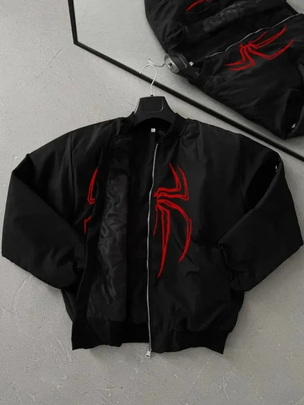 Men's Black Spider Pattern Zippered Pocket Bomber Jacket 2