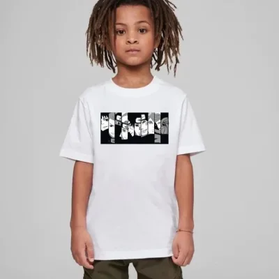 Παιδικό Λευκό Τυπωμένο Oversize Λαιμό Ποδηλάτου T-Shirt 2