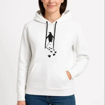 Női Fehér 3 Szálas Pamut Kapucnis Pingvin Nyomott Sweatshirt 2