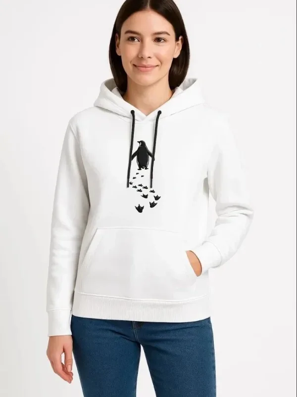 Női Fehér 3 Szálas Pamut Kapucnis Pingvin Nyomott Sweatshirt 2