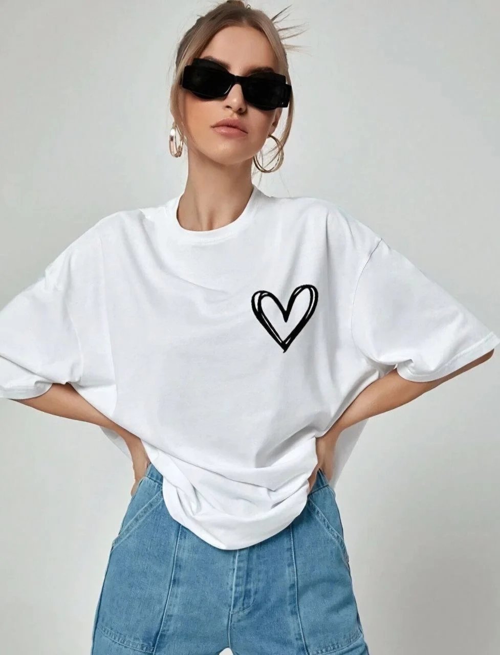Γυναικείο Λευκό Oversize Στρογγυλό Λαιμό Τυπωμένο Καρδιά T-Shirt