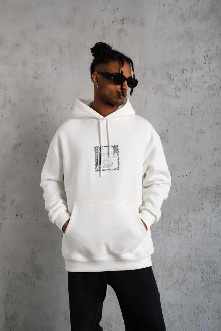 Men's White Oversize 3-Thread Cotton Hooded Printed Sweatshirt