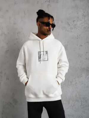 Men's White Oversize 3-Thread Cotton Hooded Printed Sweatshirt