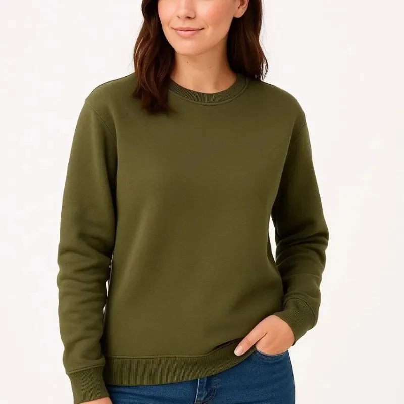 Női Khaki 3 Szálas Pamut Kerékpárnyakú Sweatshirt