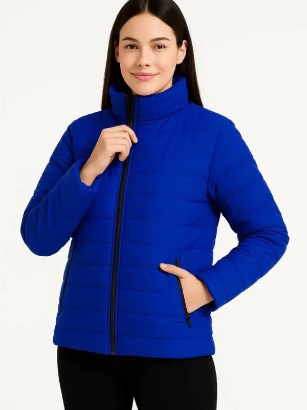 Women's Sax Blue Water-Repellent Quilted Lined Zippered Bomber Jacket 2
