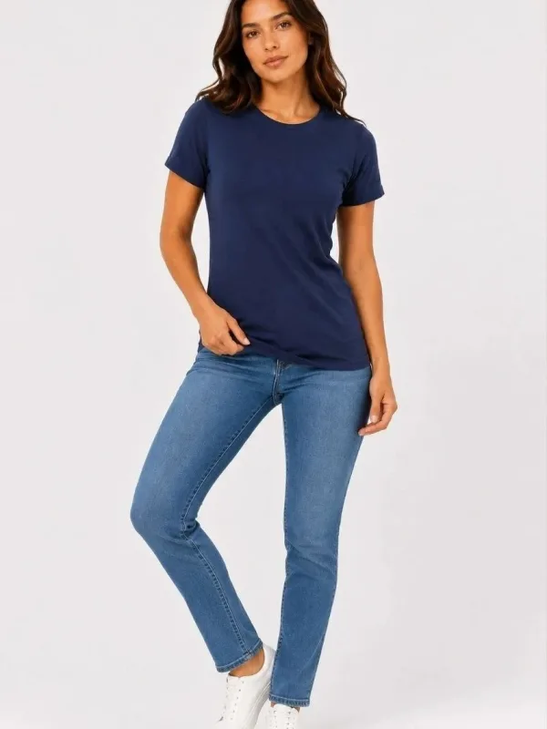 Női Sötétkék Slim Fit Kerékpár Nyakú Basic Póló 3