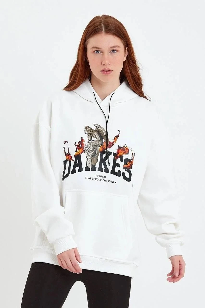 Jin Spî Oversize Kapşonlu Bêrîk Çapkirî Pembû Sweatshirt
