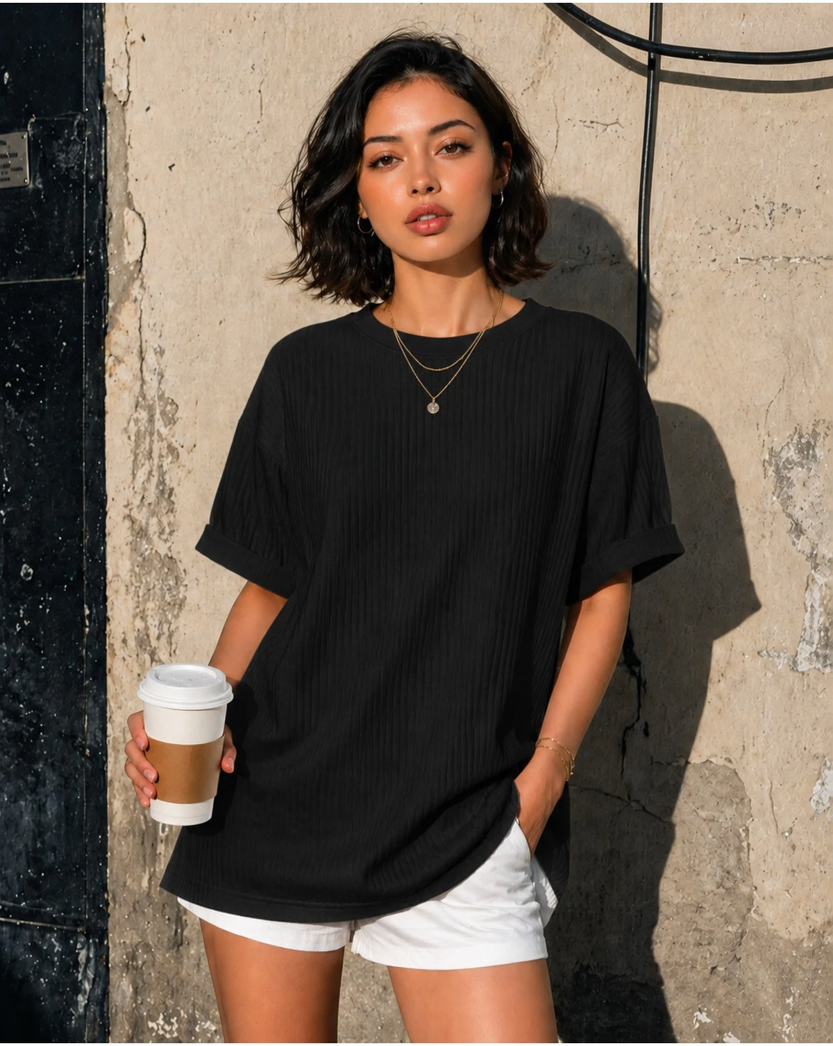 Unisex Cotone Oversize Collo a Barca Nero T-Shirt