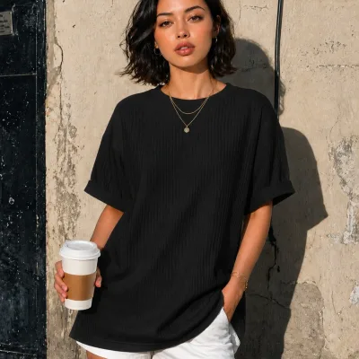 Unisex Cotone Oversize Collo a Barca Nero T-Shirt 1