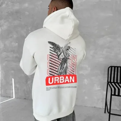 Férfi fehér 3 szálas pamut kapucnis nyomott kenguru zsebes sweatshirt 2
