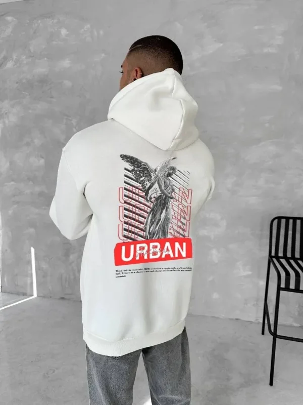 Férfi fehér 3 szálas pamut kapucnis nyomott kenguru zsebes sweatshirt 2