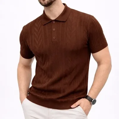 Męski Brązowy Regular Polo Krótki Rękaw Sweter 2