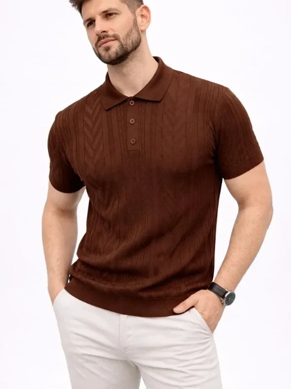 Męski Brązowy Regular Polo Krótki Rękaw Sweter 2