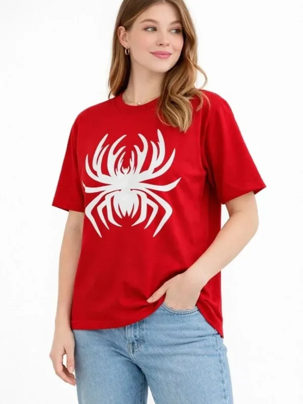 Ženska Crvena Oversize Pauk Print Bicikli Kragna Majica 3