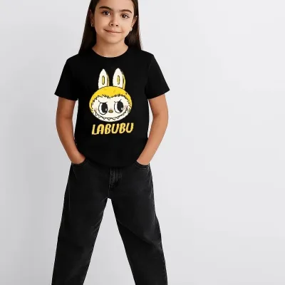 Devojačka crna Labubu štampana oversize majica 2