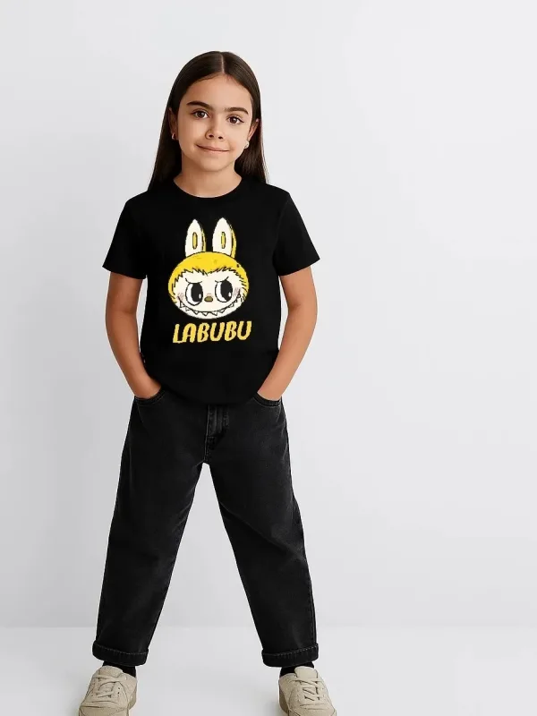 Devojačka crna Labubu štampana oversize majica 2