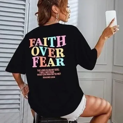 Γυναικείο Μαύρο Oversize Ποδηλατόλαιμο Τυπωμένο Μπλουζάκι 4