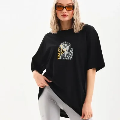 Ženski crni Oversize Bicikli kragna print svakodnevna majica 2