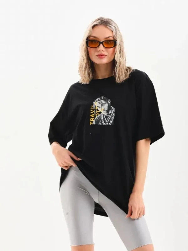 Ženski crni Oversize Bicikli kragna print svakodnevna majica 2