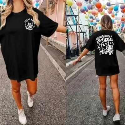 Γυναικείο Μαύρο Oversize Ποδηλατόλαιμο Τυπωμένο Μπλουζάκι 4