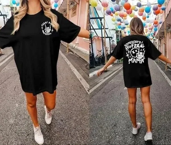 Γυναικείο Μαύρο Oversize Ποδηλατόλαιμο Τυπωμένο Μπλουζάκι 4