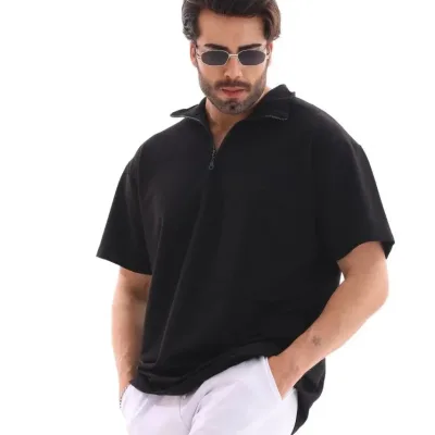 Kişi Qara Oversize Yarım Fermuarlı Düz Köynək 3