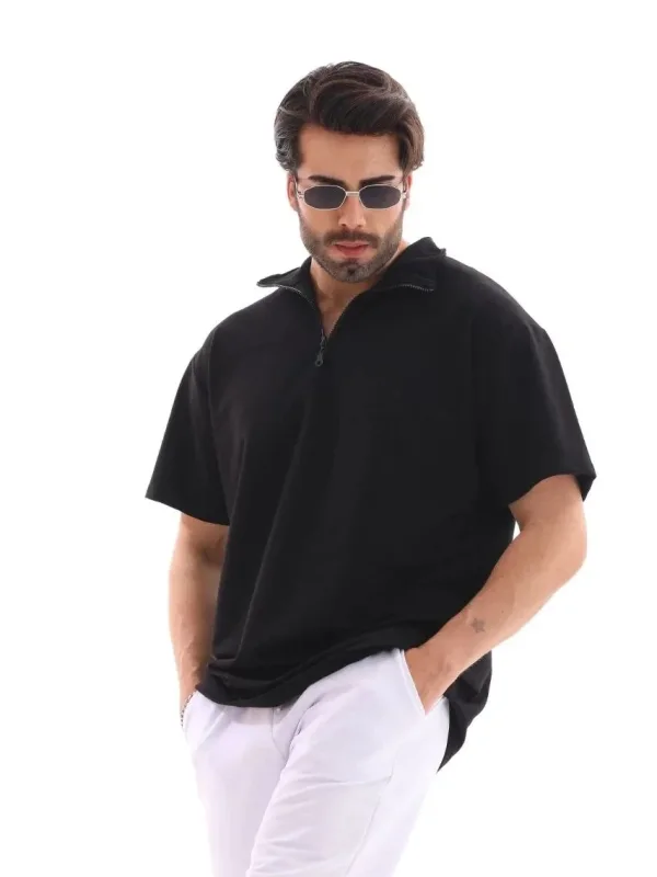 Kişi Qara Oversize Yarım Fermuarlı Düz Köynək 3