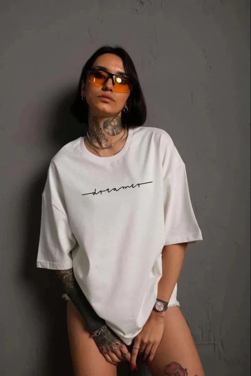Damski biały oversize rowerowy kołnierz z nadrukiem T-shirt