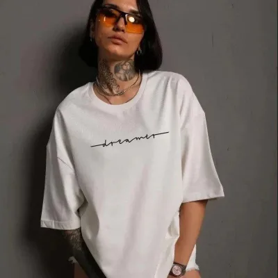 Damski biały oversize rowerowy kołnierz z nadrukiem T-shirt 1