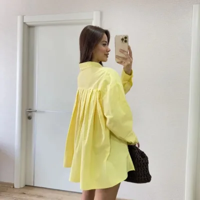 Qadın Sarı Poplin Yandan Yırtmaçlı Arxa Pens Detallı Köynək 5